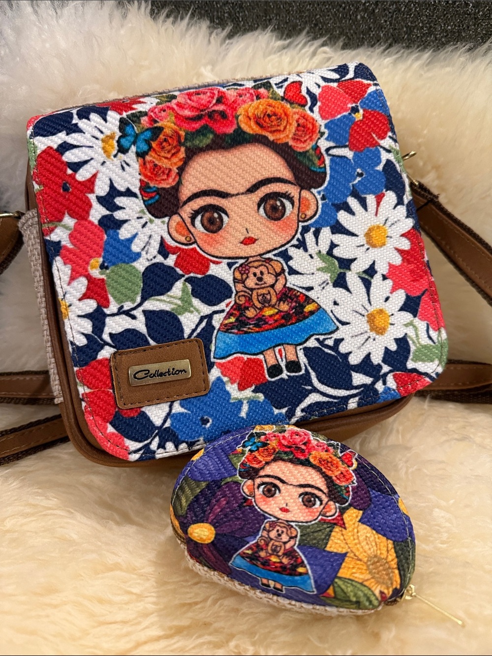 Frida Kahlo Floral Crossbody Bag with Coin Pouch - Multicolor